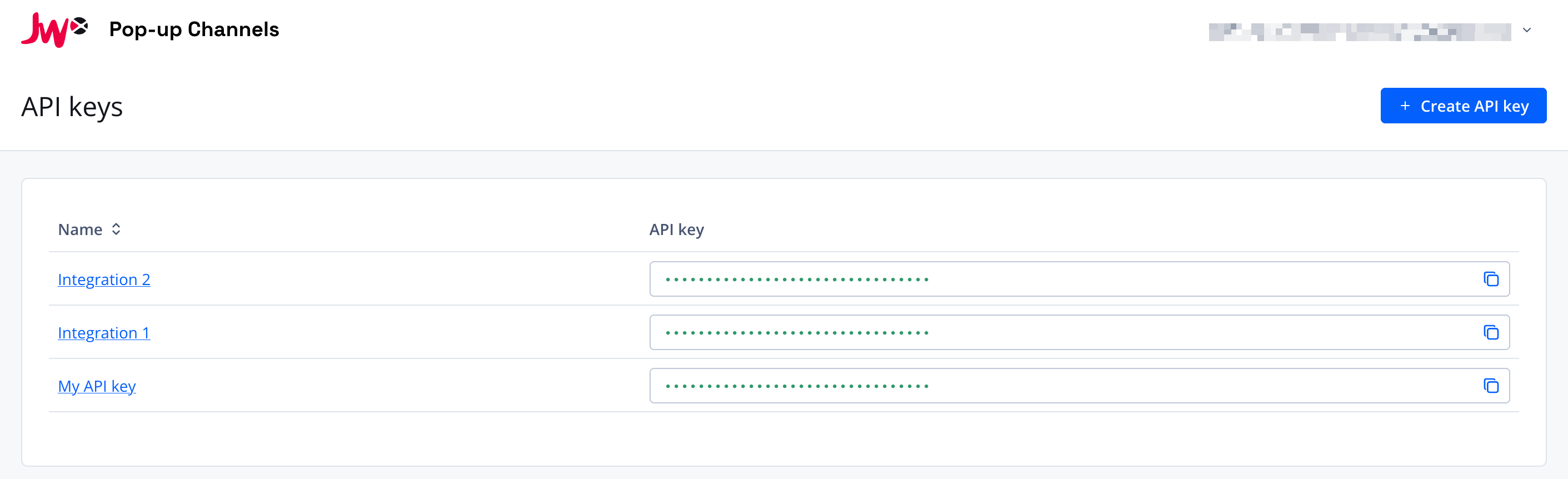 Screenshot of the API keys page