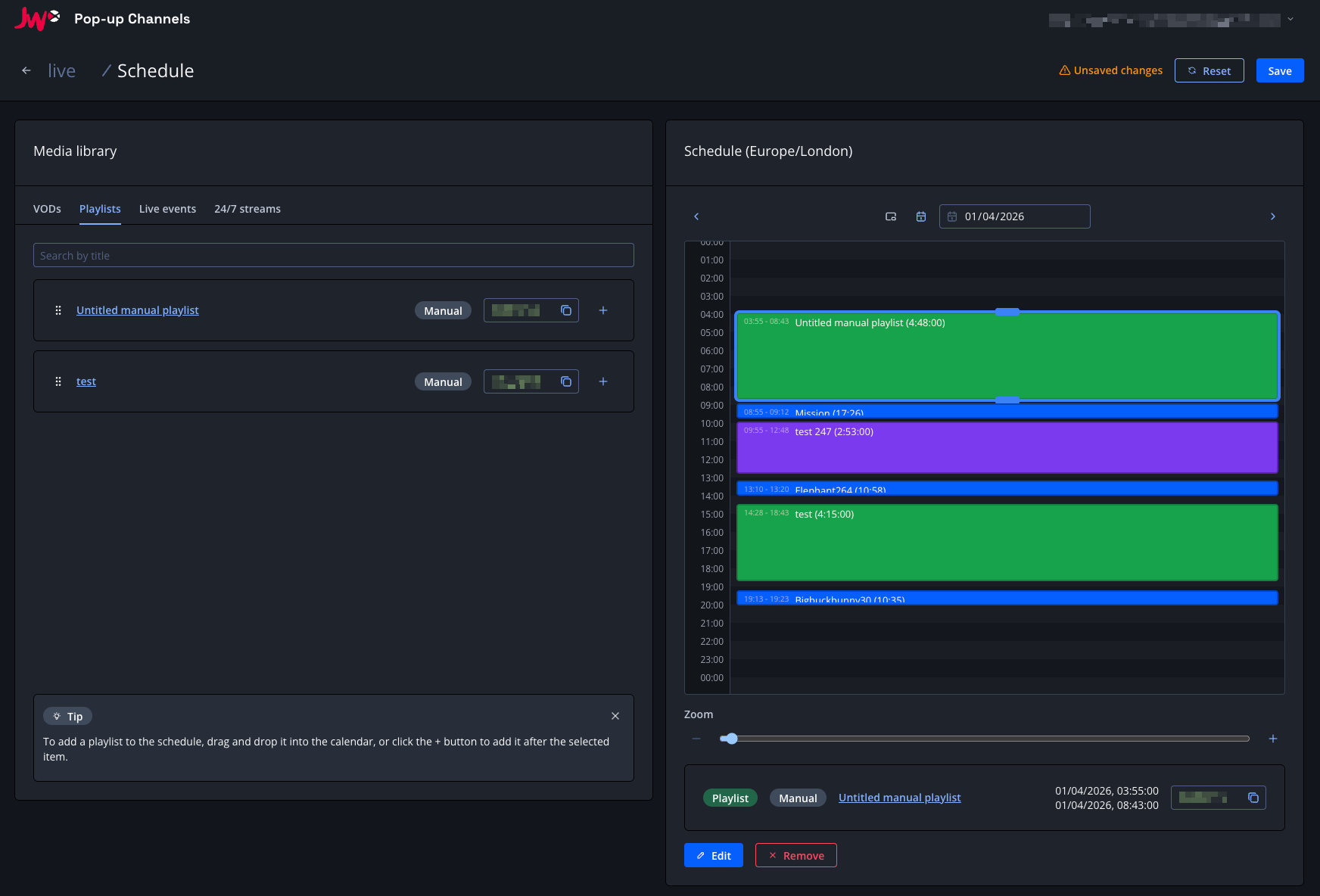 Screenshot of the Pop-up Channels Scheduler UI with playlists and 24/7 streams