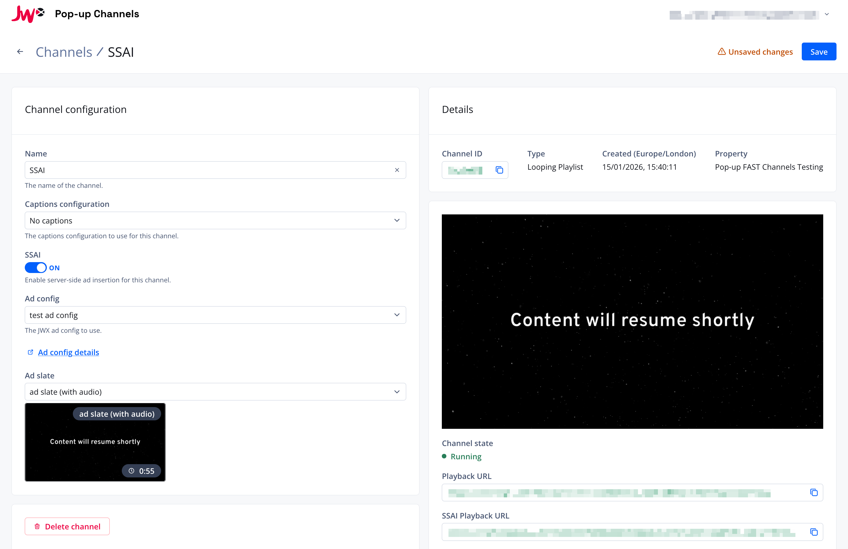 Screenshot of a channel with SSAI enabled